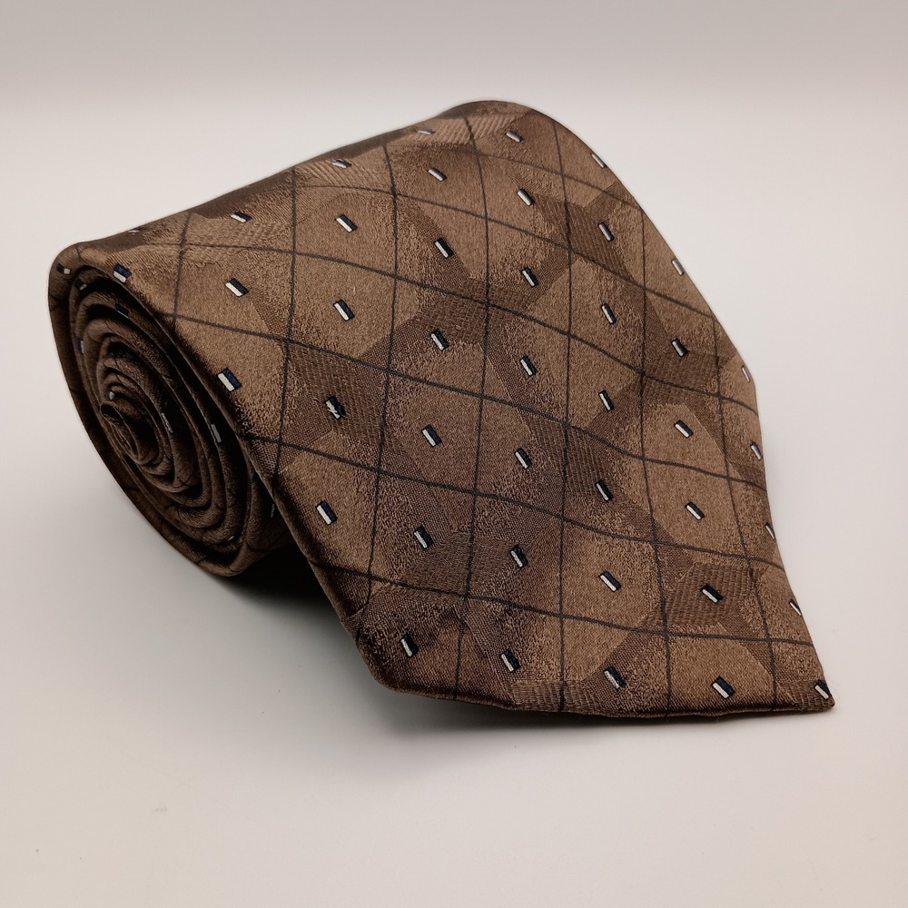 Crestview Mens Brown Geometric Grid Silk Hand Made Necktie